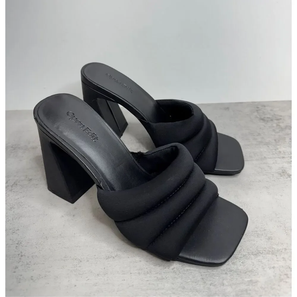Open Edit Sandals Size 6.5 Black Open Toe Block Heel‎ Fabric Upper